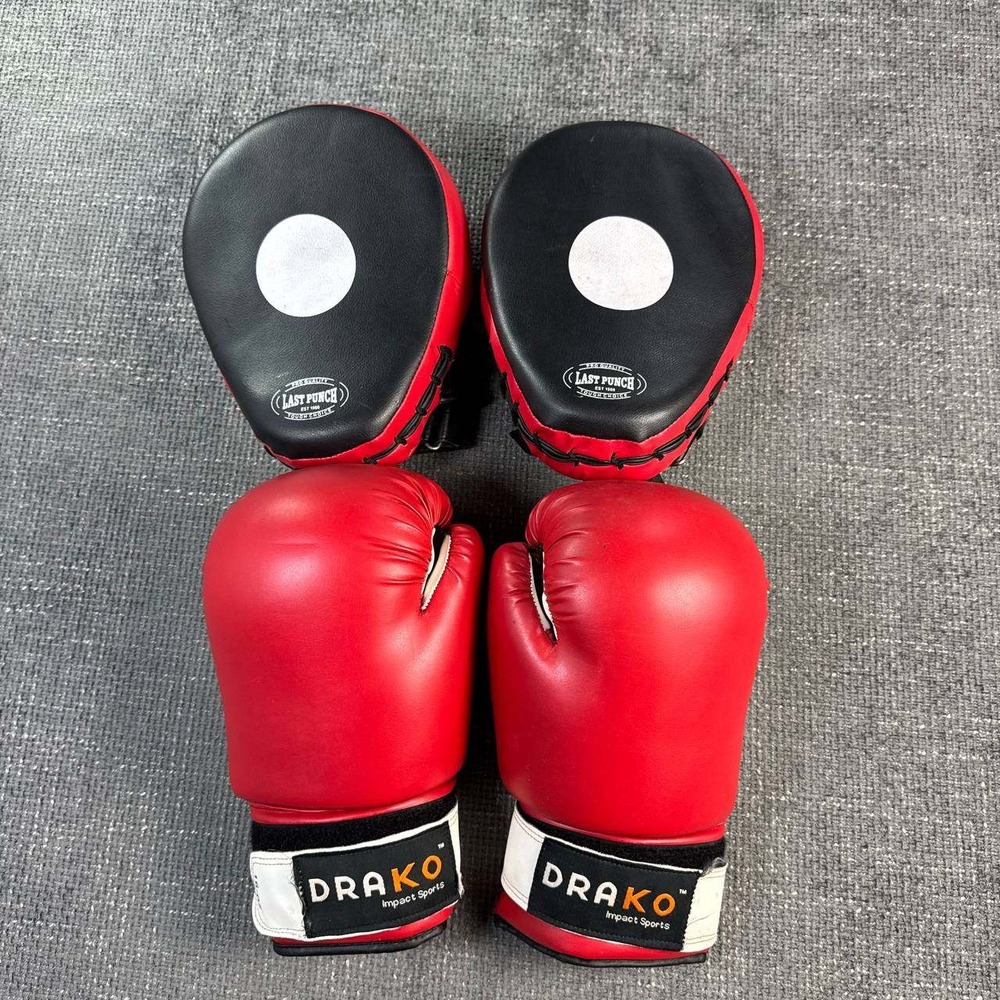 Drako Boxing Gloves & Last Punch Focus Mitts Set Red Black